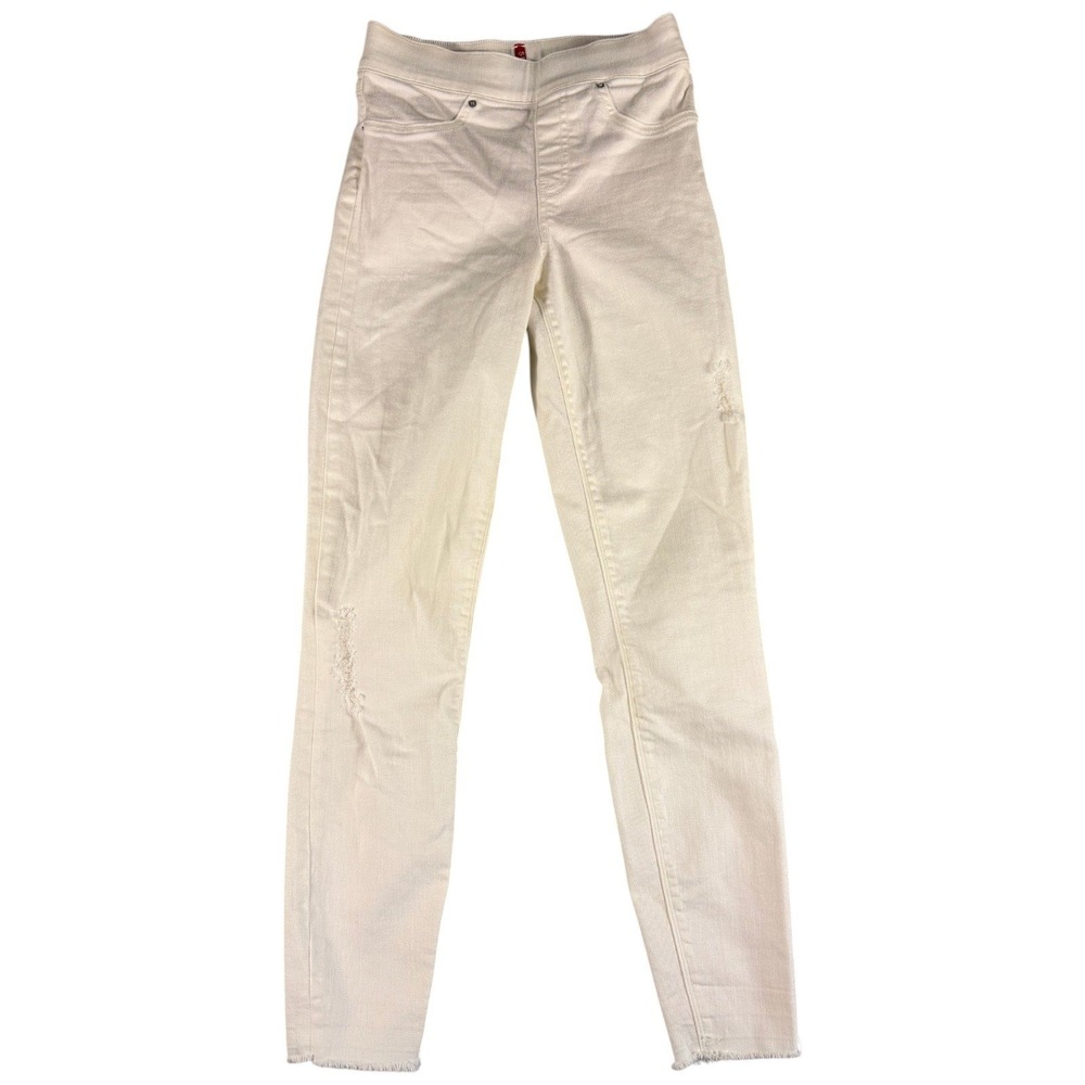 Spanx Ankle Skinny Jeans Womens XS Cream Distressed Stretch Raw Hem Midrise